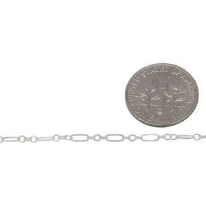 Sterling Silver One of 1.8mm Width by 5.0mm Length Flat Elogated Link connected to Three of 1.8mm Width by 2.0mm Length Oval Links with Middle Link being Flat Oval Link, Long and Short Chain. Price per: 1 Foot.