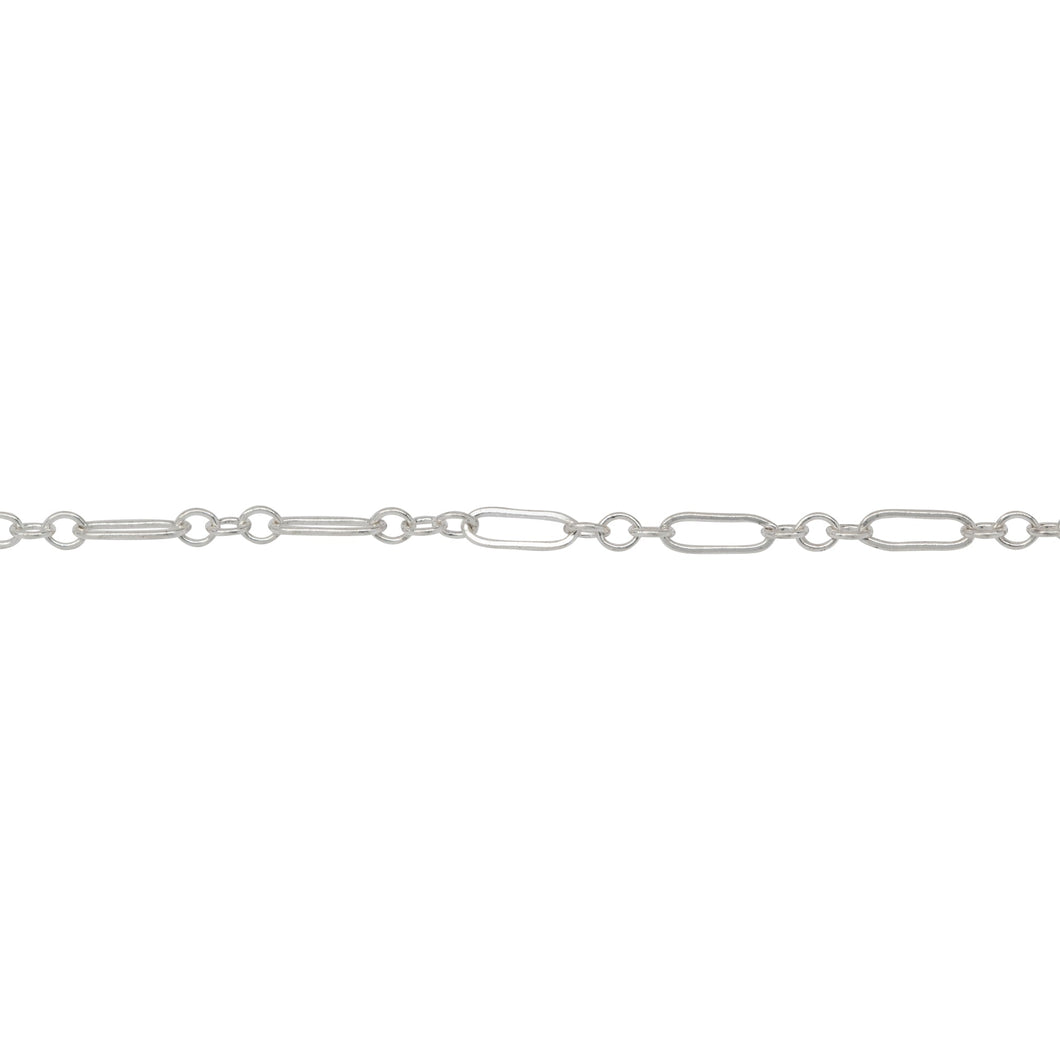 Chain by Foot. Sterling Silver Three of 1.57mm Width by 2.3mm Length Small Oval Links Followed by 1.97mm Width by 5.67mm Length Large Oval Link, Smooth Long and Short Chain. Price per: 1 Foot.