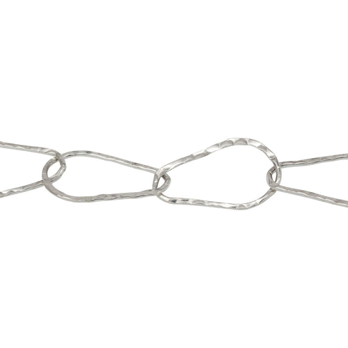 Chain by Foot. Sterling Silver 10.6mm Width by 17.9mm Length, Pear Shaped Hammered Cable Chain. Price per: 1 Foot.