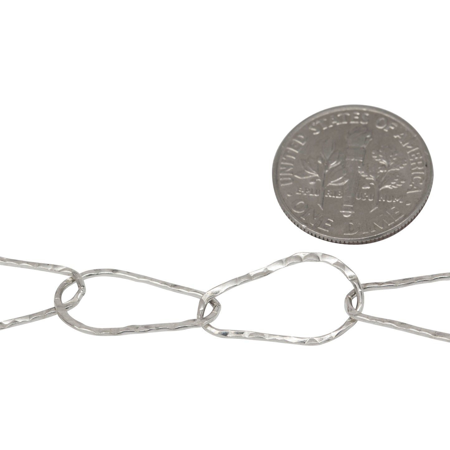 Sterling Silver 10.6mm Width by 17.9mm Length, Pear Shaped Hammered Cable Chain. Price per: 1 Foot.