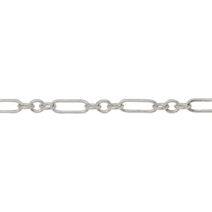 Chain by Foot. Sterling Silver Three of 3.31mm Width by 4.2mm Length Small Oval Links Followed by 3.34mm Width by 9.13mm Length Elongated Oval Link, Smooth Long and Short Chain. Price per: 1 Foot.