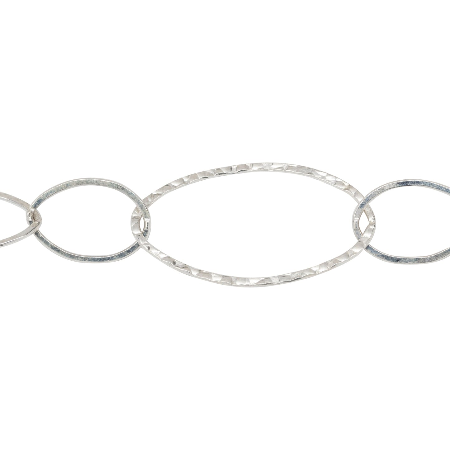 Chain by Foot. Sterling Silver Five of 13.8mm Width by 20.8mm Length Smaller Flat Oval Links Followed by 22.7mm Width by 40.4mm Length Large Hammered Oval Link, Long and Short Chain. Price per: 1 Foot.