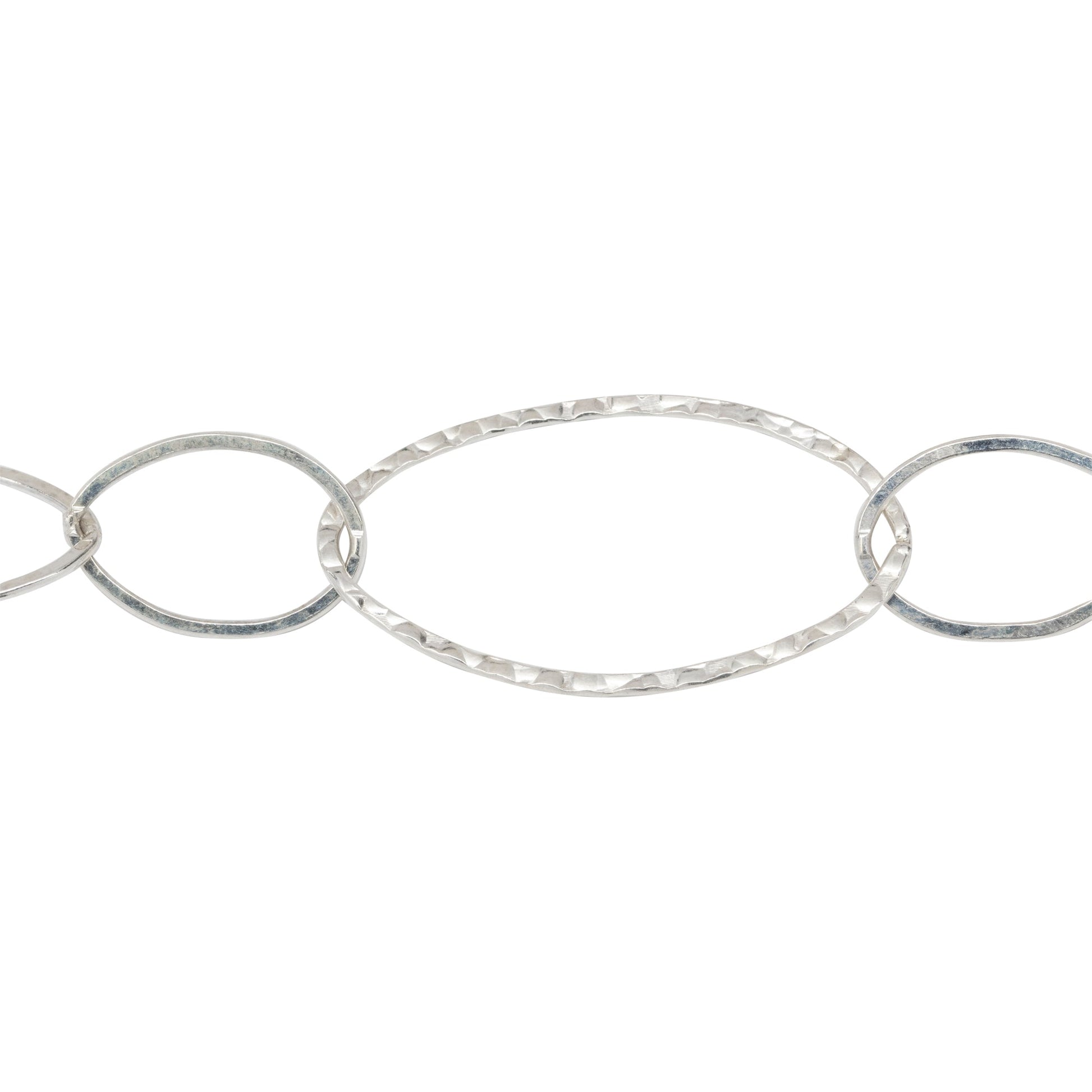 Chain by Foot. Sterling Silver Five of 13.8mm Width by 20.8mm Length Smaller Flat Oval Links Followed by 22.7mm Width by 40.4mm Length Large Hammered Oval Link, Long and Short Chain. Price per: 1 Foot.