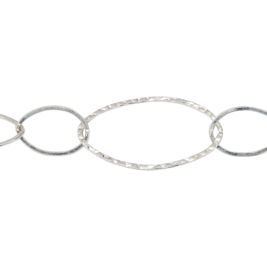 Chain by Foot. Sterling Silver Five of 13.8mm Width by 20.8mm Length Smaller Flat Oval Links Followed by 22.7mm Width by 40.4mm Length Large Hammered Oval Link, Long and Short Chain. Price per: 1 Foot.