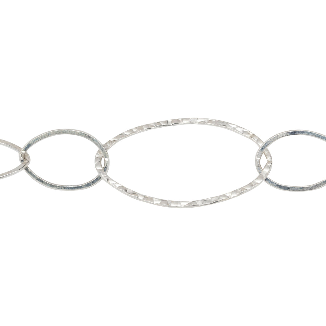 Chain by Foot. Sterling Silver Five of 13.8mm Width by 20.8mm Length Smaller Flat Oval Links Followed by 22.7mm Width by 40.4mm Length Large Hammered Oval Link, Long and Short Chain. Price per: 1 Foot.