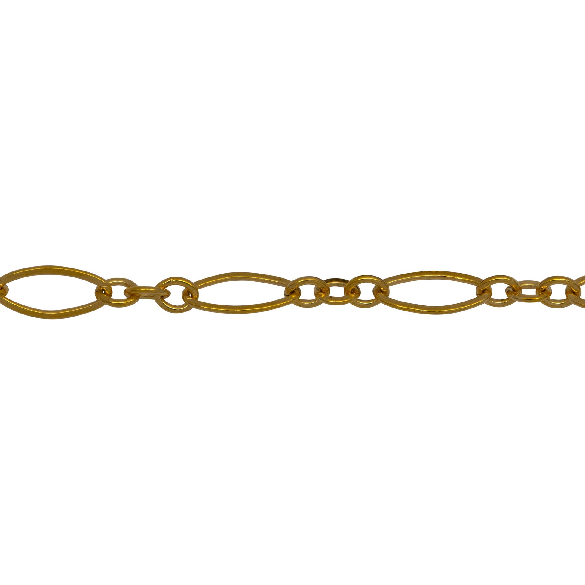 Chain by Foot. 14kt Gold Filled Three of 2.4mm Width by 3.0mm Length Smaller Oval Links With Middle Oval Link being Flat one, Followed by 3.6mm Width by 7.4mm Length Larger Flat Oval Link, Long and Short Chain. Price per: 1 Foot.