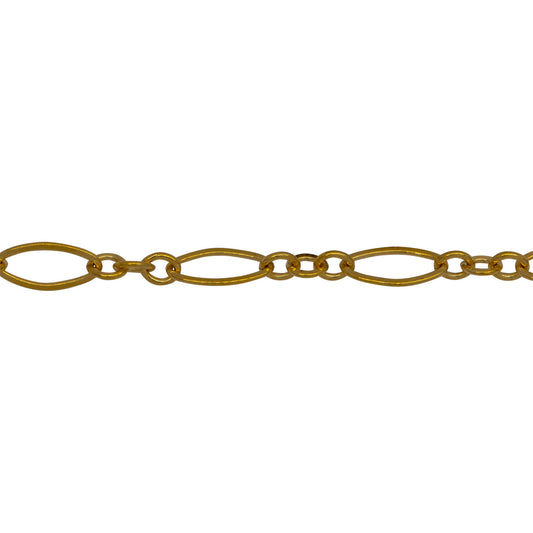 Chain by Foot. 14kt Gold Filled Three of 2.4mm Width by 3.0mm Length Smaller Oval Links With Middle Oval Link being Flat one, Followed by 3.6mm Width by 7.4mm Length Larger Flat Oval Link, Long and Short Chain. Price per: 1 Foot.