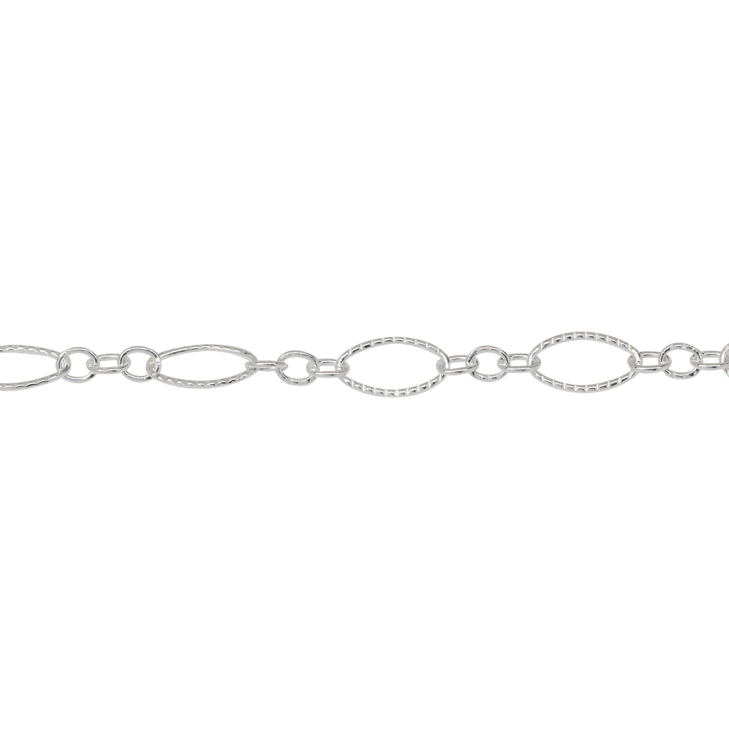 Chain by Foot. Sterling Silver Three of 2.4mm Width by 3.0mm Length Small Oval Links With Middle Small Oval Link being Corrugated One, Followed by 3.9mm Width by 7.8mm Length Large Corrugated Oval Link, Long and Short Chain. Price per: 1 Foot.