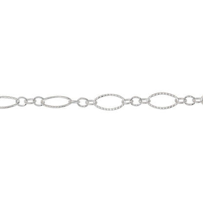 Chain by Foot. Sterling Silver Three of 2.4mm Width by 3.0mm Length Small Oval Links With Middle Small Oval Link being Corrugated One, Followed by 3.9mm Width by 7.8mm Length Large Corrugated Oval Link, Long and Short Chain. Price per: 1 Foot.