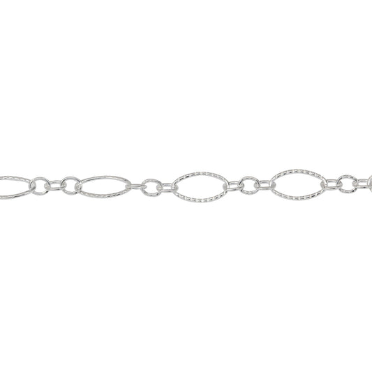 Chain by Foot. Sterling Silver Three of 2.4mm Width by 3.0mm Length Small Oval Links With Middle Small Oval Link being Corrugated One, Followed by 3.9mm Width by 7.8mm Length Large Corrugated Oval Link, Long and Short Chain. Price per: 1 Foot.