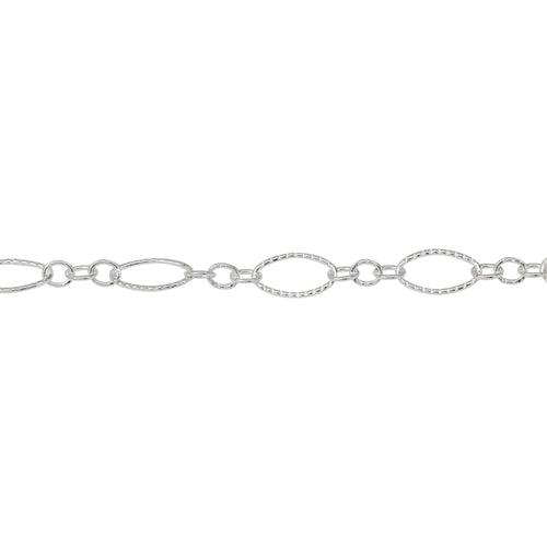 Chain by Foot. Sterling Silver Three of 2.4mm Width by 3.0mm Length Small Oval Links With Middle Small Oval Link being Corrugated One, Followed by 3.9mm Width by 7.8mm Length Large Corrugated Oval Link, Long and Short Chain. Price per: 1 Foot.