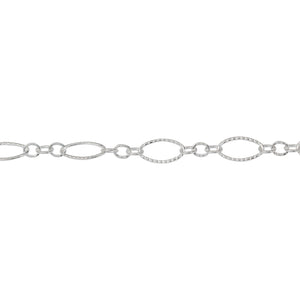 Chain by Foot. Sterling Silver Three of 2.4mm Width by 3.0mm Length Small Oval Links With Middle Small Oval Link being Corrugated One, Followed by 3.9mm Width by 7.8mm Length Large Corrugated Oval Link, Long and Short Chain. Price per: 1 Foot.