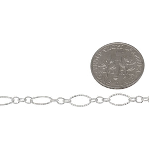 Sterling Silver Three of 2.4mm Width by 3.0mm Length Small Oval Links With Middle Small Oval Link being Corrugated One, Followed by 3.9mm Width by 7.8mm Length Large Corrugated Oval Link, Long and Short Chain. Price per: 1 Foot.