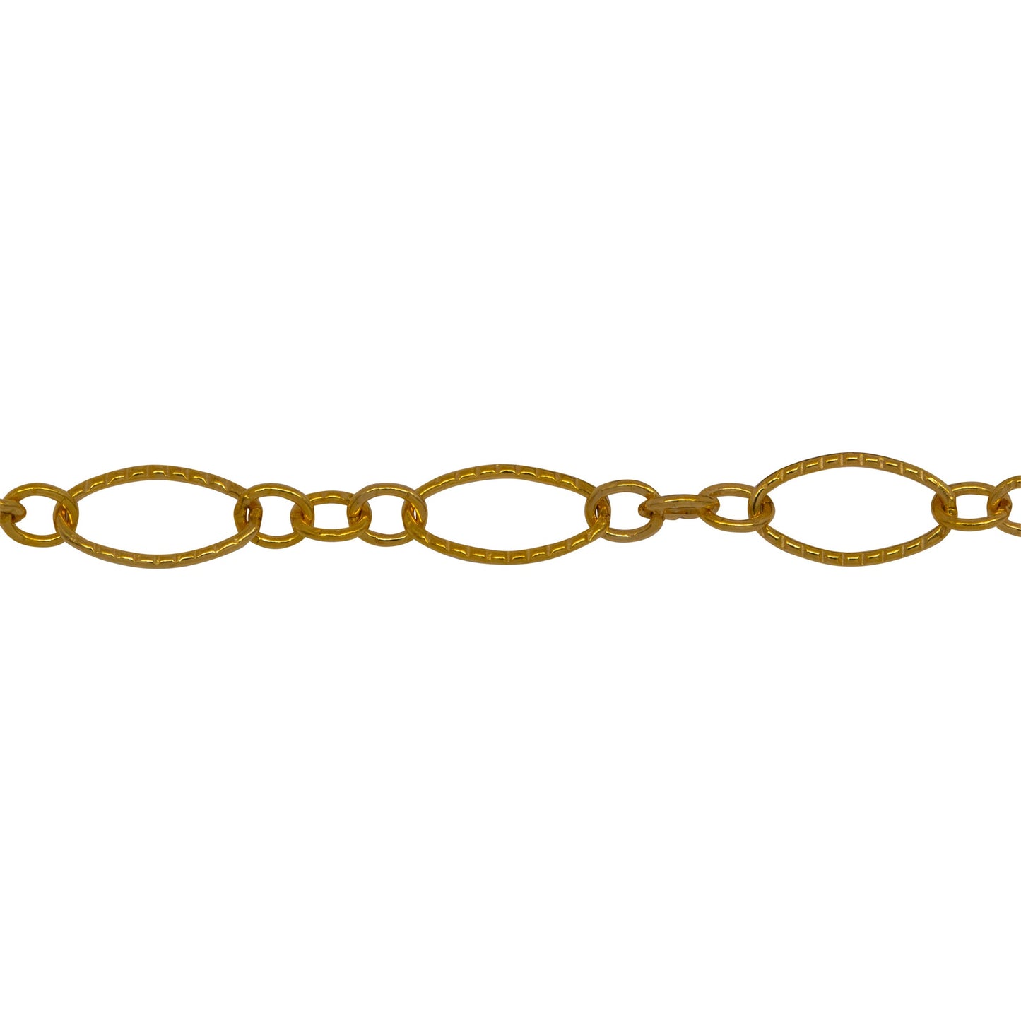 Chain by Foot. 14kt Gold Filled Three of 2.4mm Width by 3.0mm Length Small Oval Links With Middle Small Oval Link being Corrugated One, Followed by 3.9mm Width by 7.8mm Length Large Corrugated Oval Link, Long and Short Chain. Price per: 1 Foot.