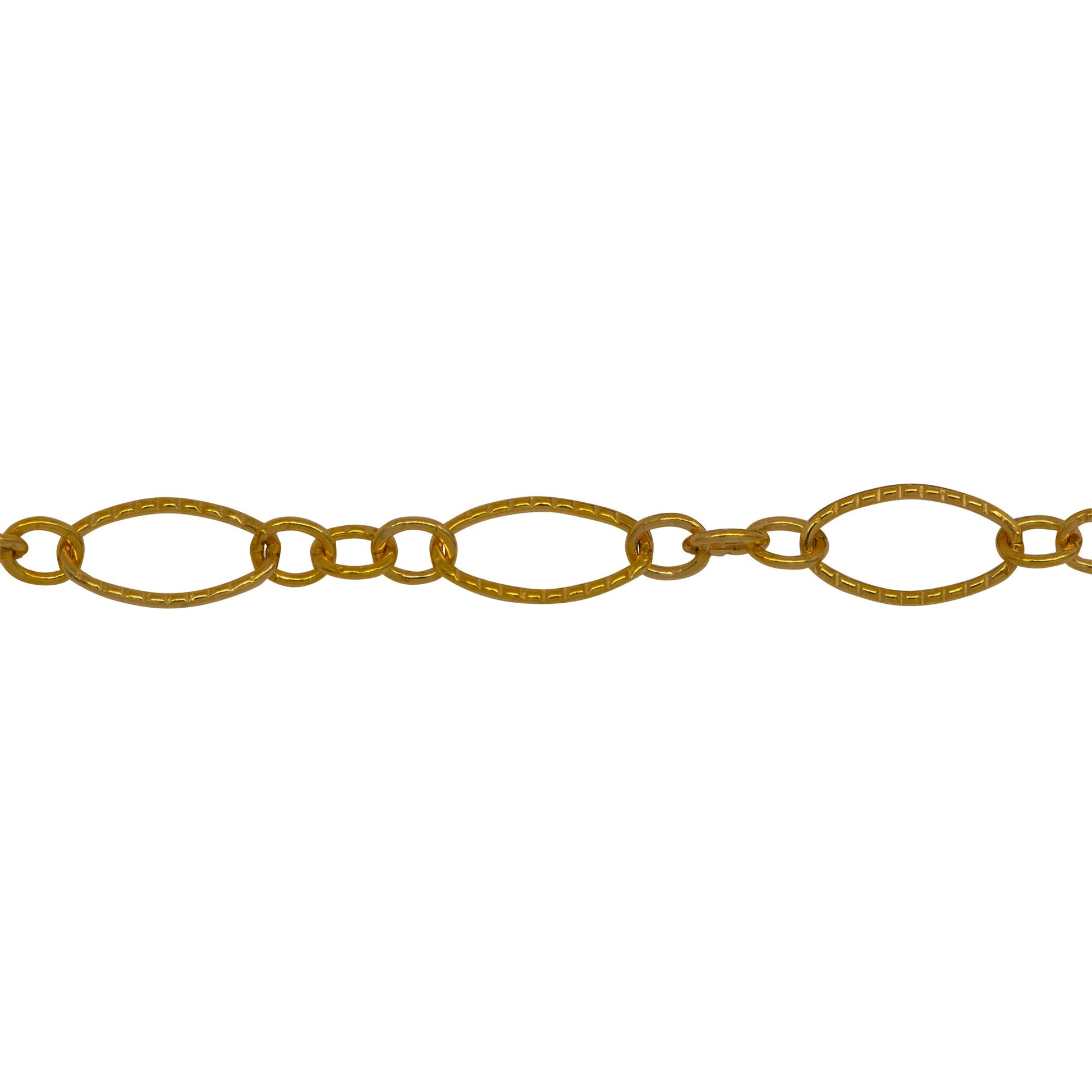 Chain by Foot. 14kt Gold Filled Three of 2.4mm Width by 3.0mm Length Small Oval Links With Middle Small Oval Link being Corrugated One, Followed by 3.9mm Width by 7.8mm Length Large Corrugated Oval Link, Long and Short Chain. Price per: 1 Foot.