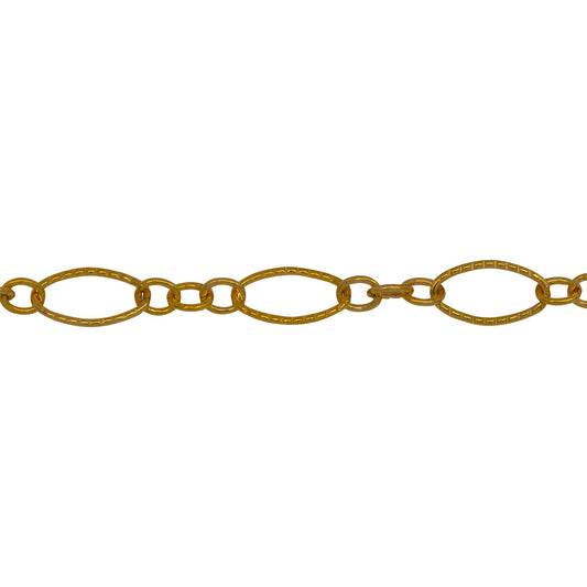 Chain by Foot. 14kt Gold Filled Three of 2.4mm Width by 3.0mm Length Small Oval Links With Middle Small Oval Link being Corrugated One, Followed by 3.9mm Width by 7.8mm Length Large Corrugated Oval Link, Long and Short Chain. Price per: 1 Foot.