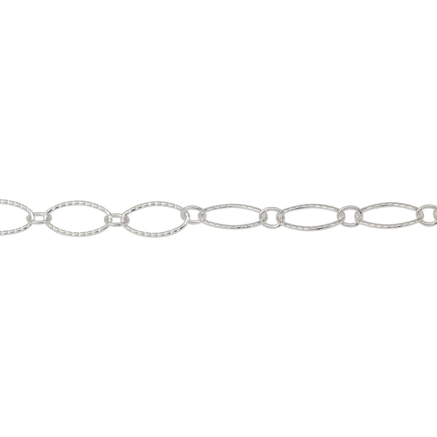 Chain by Foot. Sterling Silver 2.65mm Width by 2.93mm Length Smaller Smooth Oval Link Connected to 4.12mm Width by 7.45mm Length Larger Corrugated Oval Link, Long and Short Chain. Price per: 1 Foot.