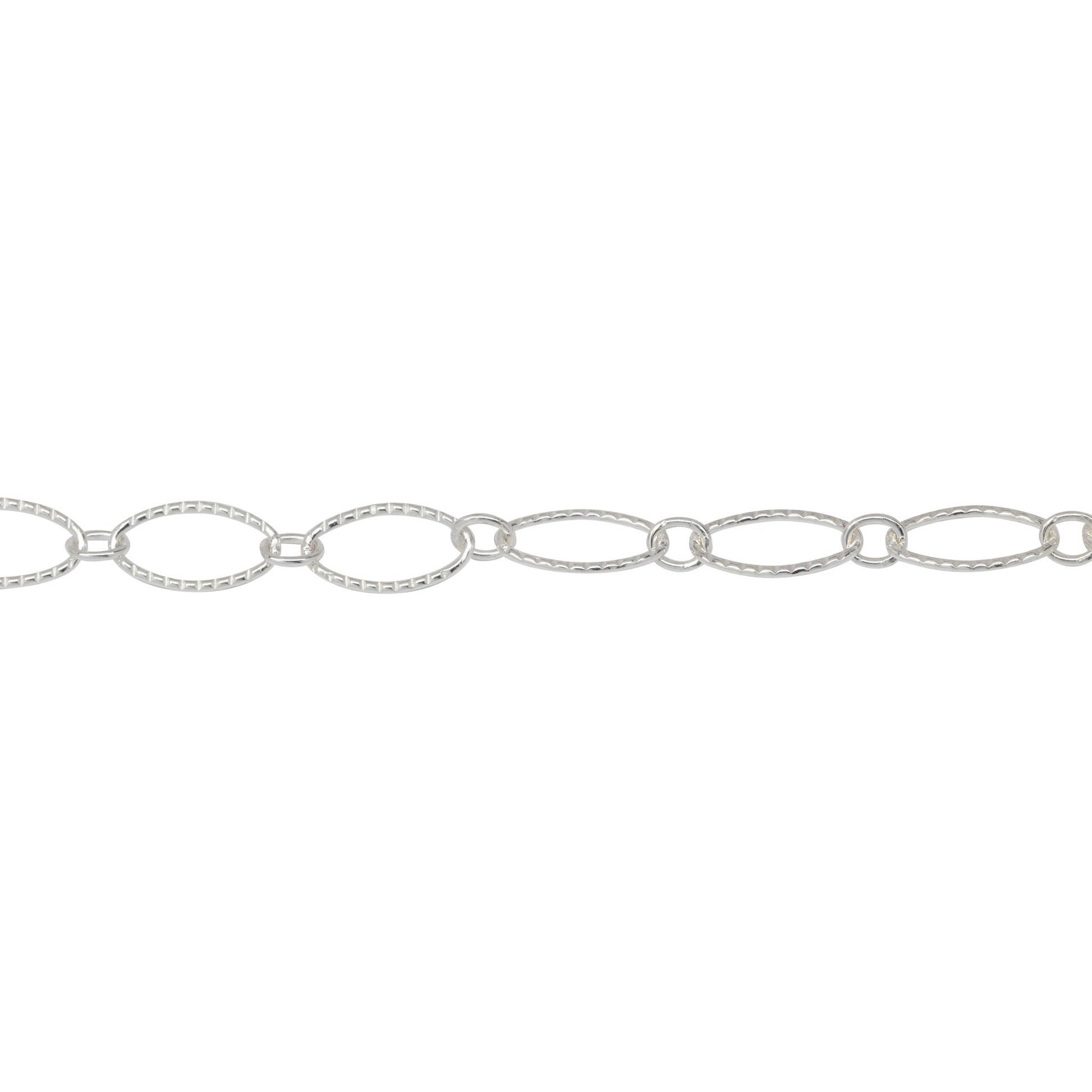Chain by Foot. Sterling Silver 2.65mm Width by 2.93mm Length Smaller Smooth Oval Link Connected to 4.12mm Width by 7.45mm Length Larger Corrugated Oval Link, Long and Short Chain. Price per: 1 Foot.