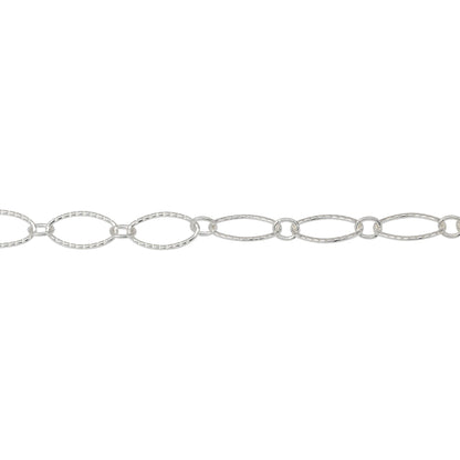 Chain by Foot. Sterling Silver 2.65mm Width by 2.93mm Length Smaller Smooth Oval Link Connected to 4.12mm Width by 7.45mm Length Larger Corrugated Oval Link, Long and Short Chain. Price per: 1 Foot.