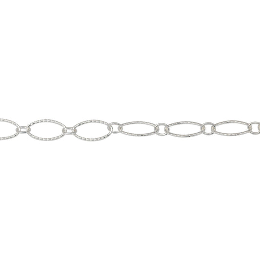 Chain by Foot. Sterling Silver 2.65mm Width by 2.93mm Length Smaller Smooth Oval Link Connected to 4.12mm Width by 7.45mm Length Larger Corrugated Oval Link, Long and Short Chain. Price per: 1 Foot.