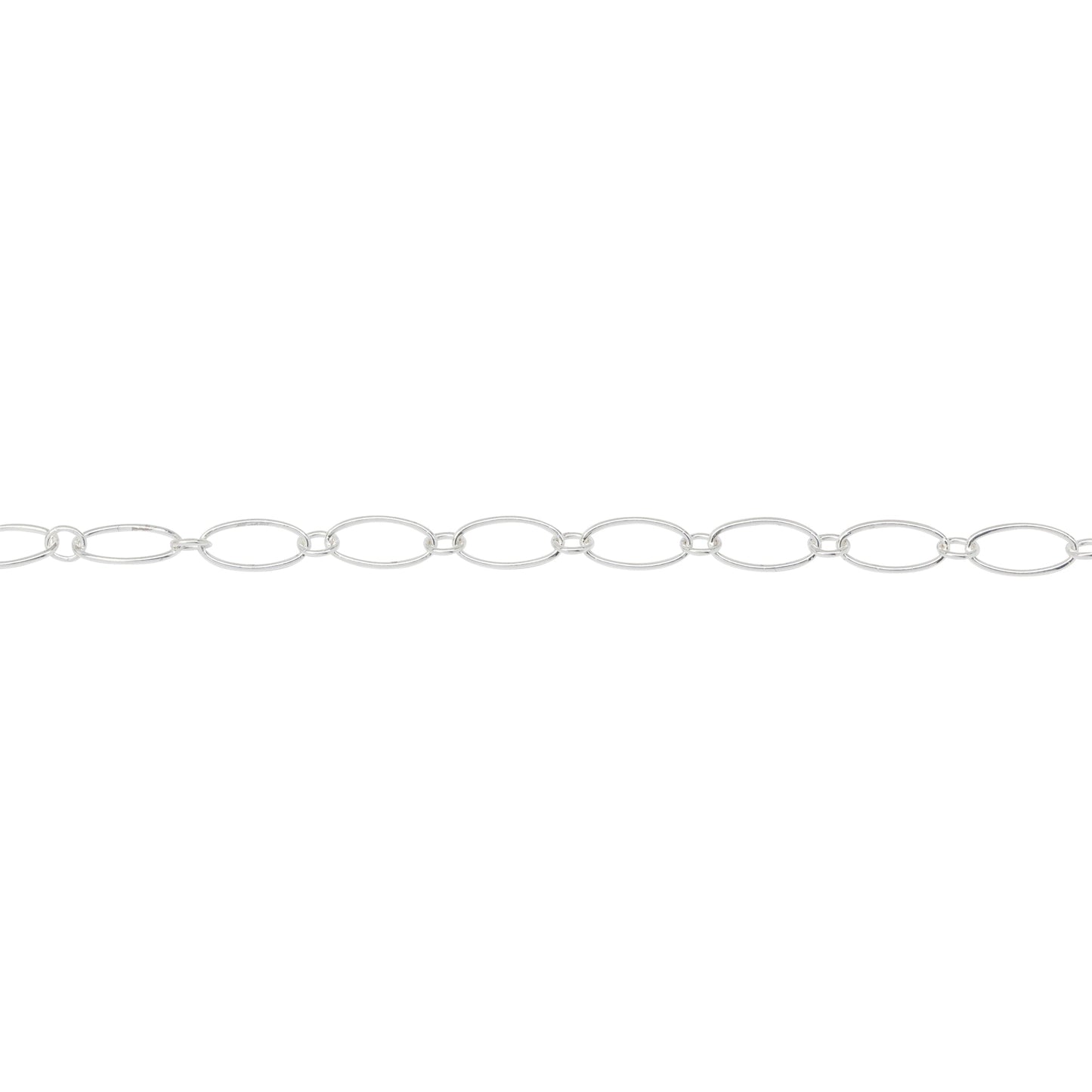 Chain by Foot. Sterling Silver 2.55mm Width by 3.0mm Length Smaller Oval Link Connected to 3.7mm Width by 7.59mm Length Larger Oval Link, Smooth Long and Short Chain. Price per: 1 Foot.