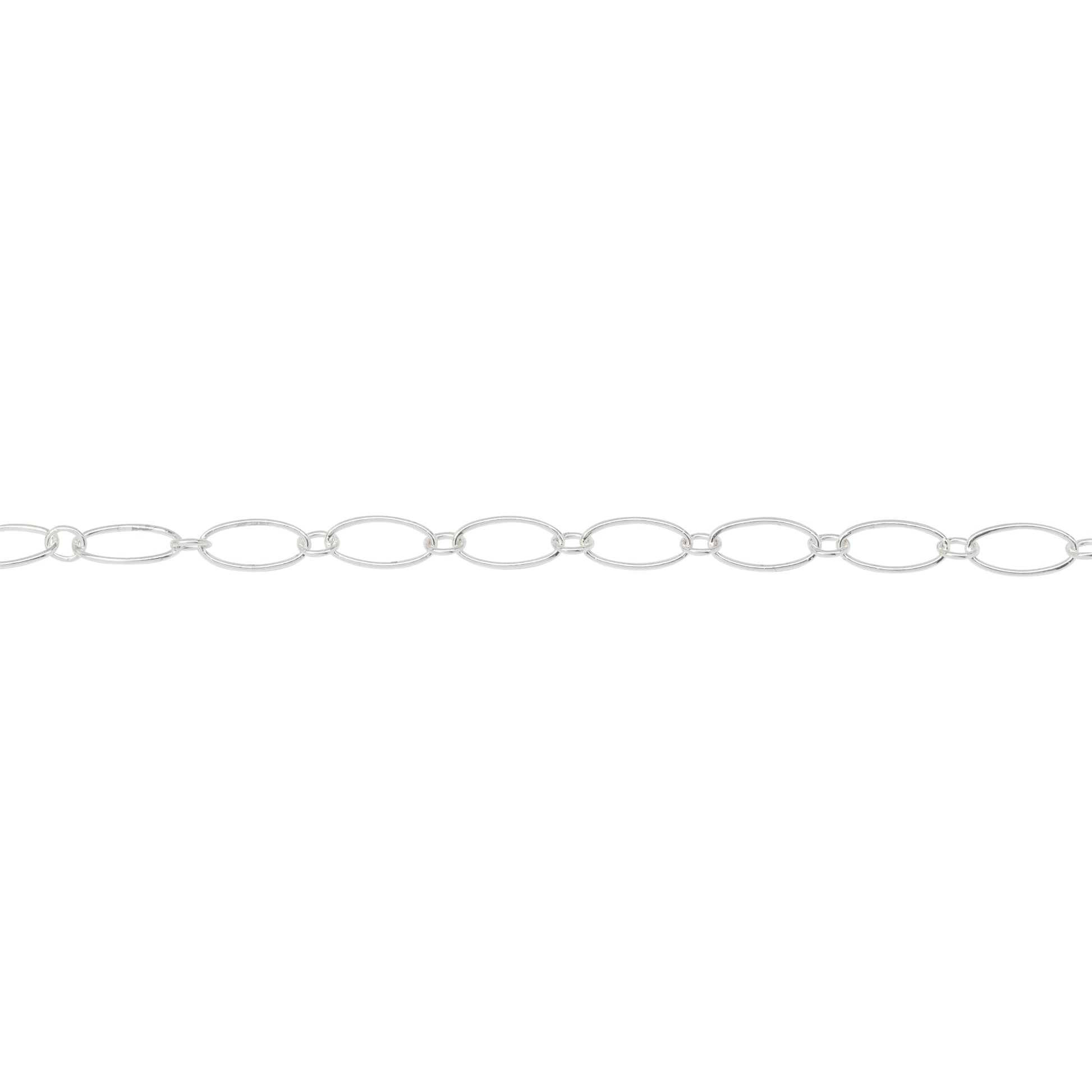 Chain by Foot. Sterling Silver 2.55mm Width by 3.0mm Length Smaller Oval Link Connected to 3.7mm Width by 7.59mm Length Larger Oval Link, Smooth Long and Short Chain. Price per: 1 Foot.