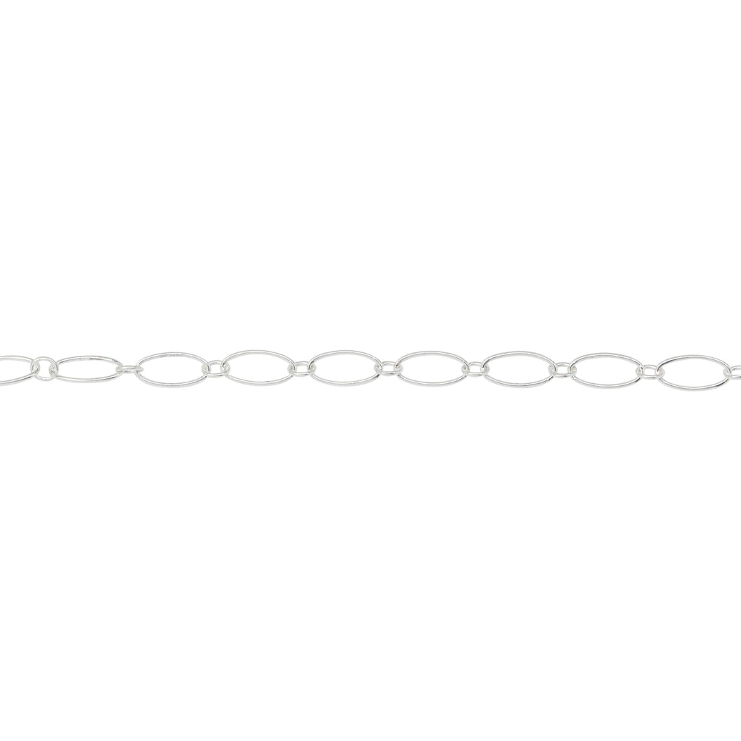 Chain by Foot. Sterling Silver 2.55mm Width by 3.0mm Length Smaller Oval Link Connected to 3.7mm Width by 7.59mm Length Larger Oval Link, Smooth Long and Short Chain. Price per: 1 Foot.