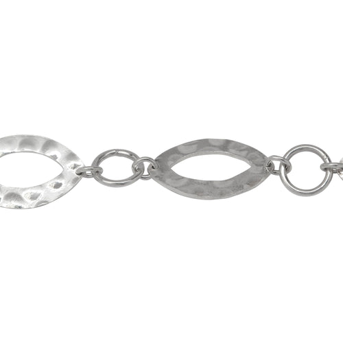 Chain by Foot. Sterling Silver 12.3mm Width by 20.5mm Length Hammered Marquise And 8.5mm Width / Length Smooth Circle connected With 4.1mm Width / Length Open Ring, Fancy Chain. Price per: 1 Inch.