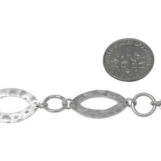 Sterling Silver 12.3mm Width by 20.5mm Length Hammered Marquise And 8.5mm Width / Length Smooth Circle connected With 4.1mm Width / Length Open Ring, Fancy Chain. Price per: 1 Inch.