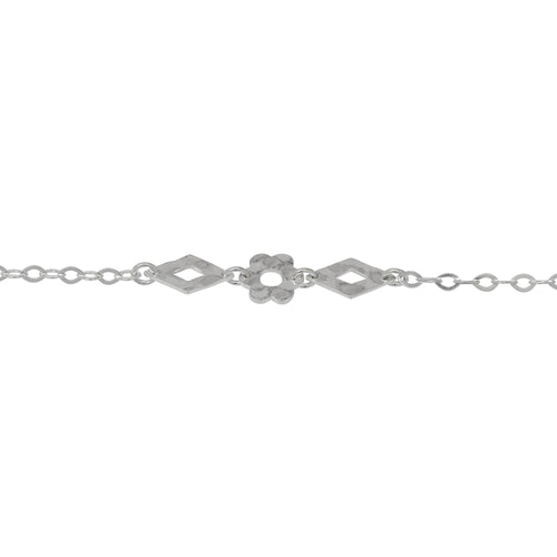 Chain by Foot. Sterling Silver Two of 7.8mm Width by 14.0mm Length Hammered Diamond Links, 10.2mm Width/Length Hammered Flower Link Connected to Nine of 2.9mm Width by 4.2mm Length Flat Diamond Links, Fancy Chain. Price per: 1 Foot.