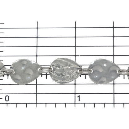 Sterling Silver 8.4mm Width by 11.0mm Length Hammered And Textured Tear Drop Shaped Links Connected By Three 4.0mm Width / Length Smooth Open Rings, Fancy Chain. Price per: 1 Foot.