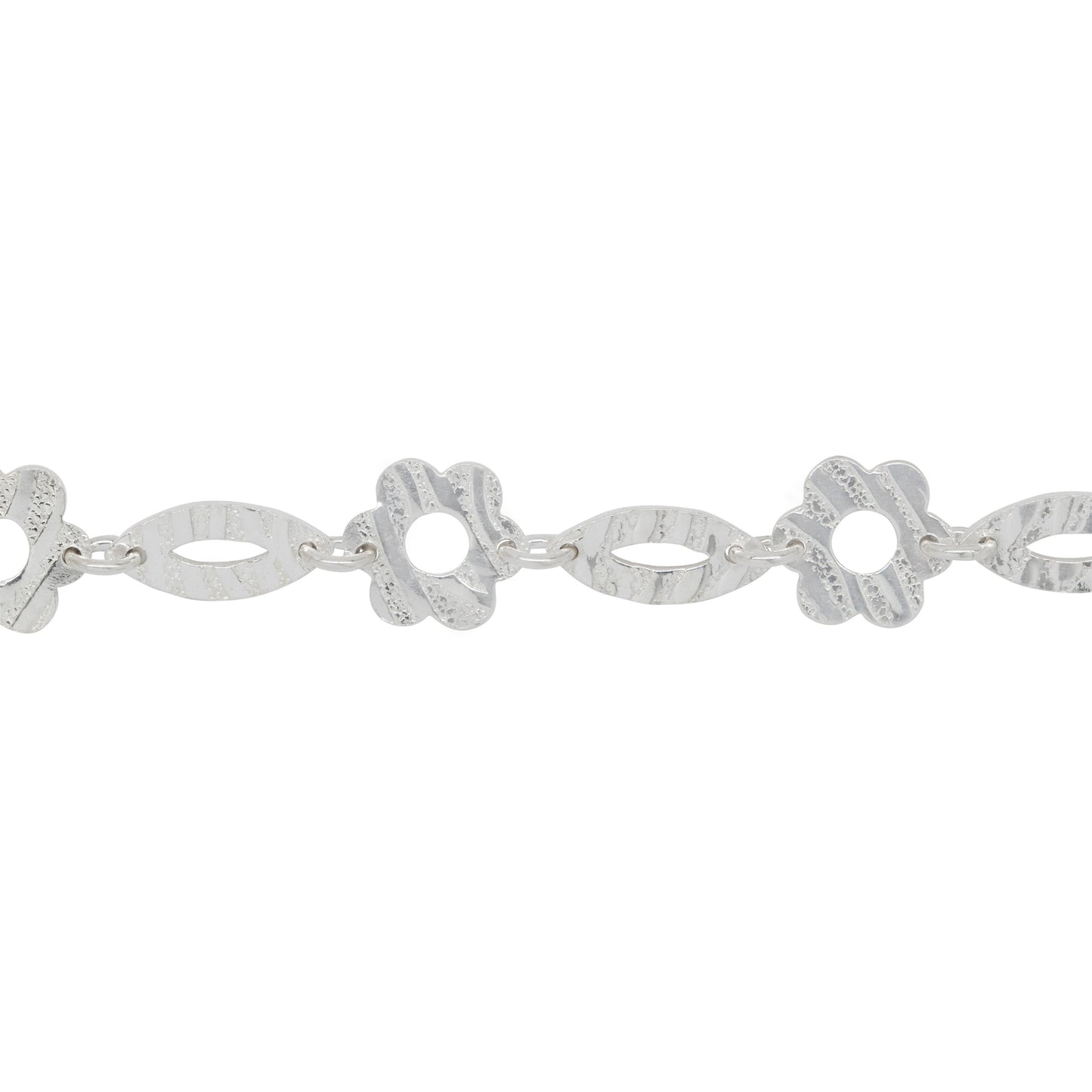 Chain by Foot. Sterling Silver 5.6mm Width by 12.6mm Length Textured Marquise Link And 10.0mm Width / Length Textured Flower Shaped Link Connected By 4.2mm Width / Length Smooth Open Ring, Fancy Chain. Price per: 1 Foot.