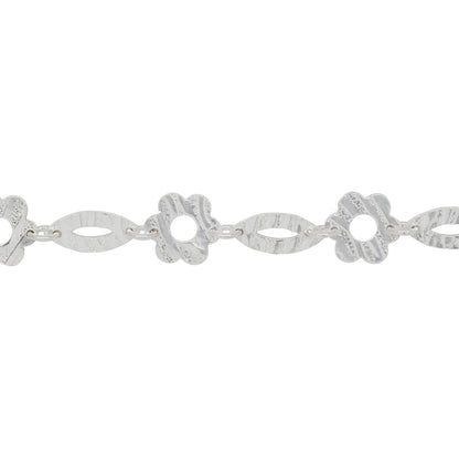 Chain by Foot. Sterling Silver 5.6mm Width by 12.6mm Length Textured Marquise Link And 10.0mm Width / Length Textured Flower Shaped Link Connected By 4.2mm Width / Length Smooth Open Ring, Fancy Chain. Price per: 1 Foot.