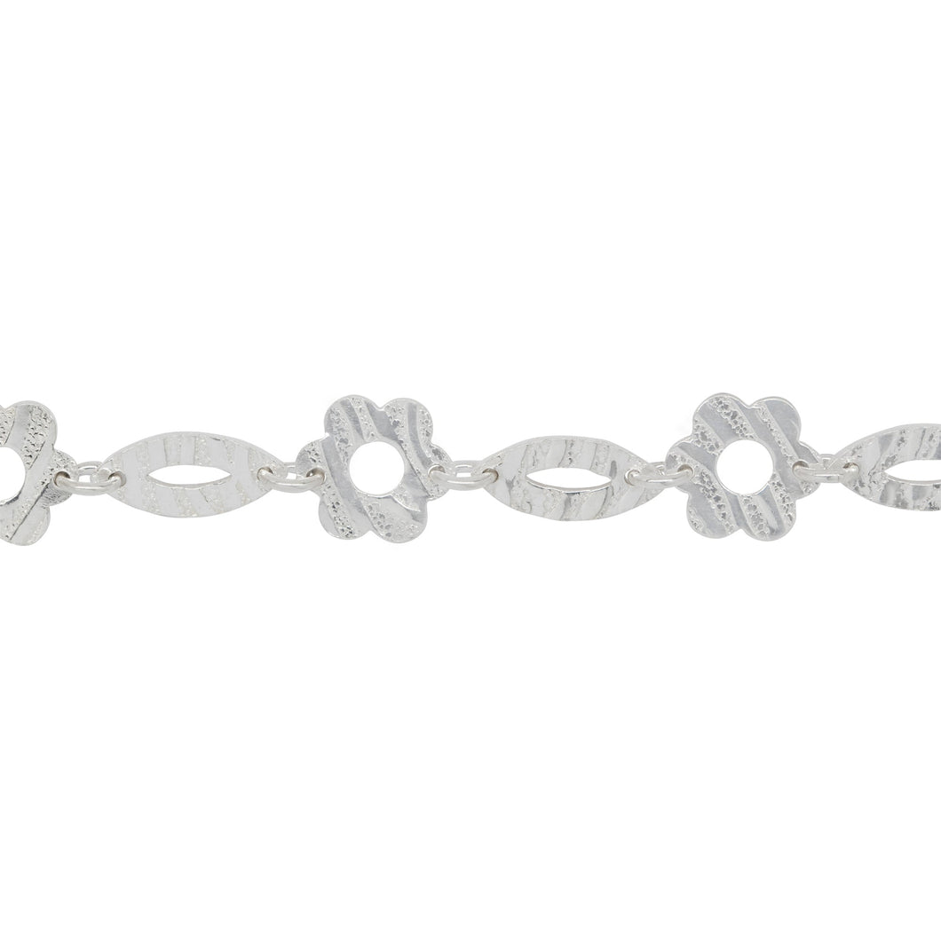 Chain by Foot. Sterling Silver 5.6mm Width by 12.6mm Length Textured Marquise Link And 10.0mm Width / Length Textured Flower Shaped Link Connected By 4.2mm Width / Length Smooth Open Ring, Fancy Chain. Price per: 1 Foot.