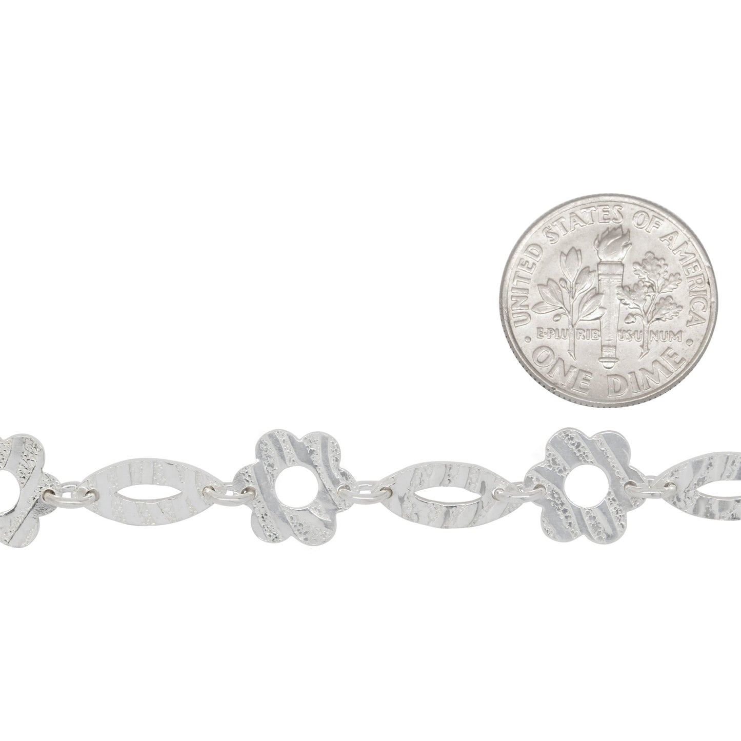 Sterling Silver 5.6mm Width by 12.6mm Length Textured Marquise Link And 10.0mm Width / Length Textured Flower Shaped Link Connected By 4.2mm Width / Length Smooth Open Ring, Fancy Chain. Price per: 1 Foot.