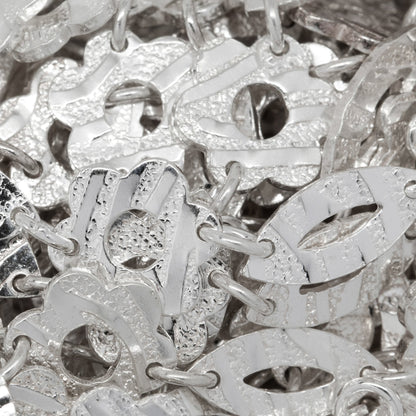 Sterling Silver 5.6mm Width by 12.6mm Length Textured Marquise Link And 10.0mm Width / Length Textured Flower Shaped Link Connected By 4.2mm Width / Length Smooth Open Ring, Fancy Chain. Price per: 1 Foot.
