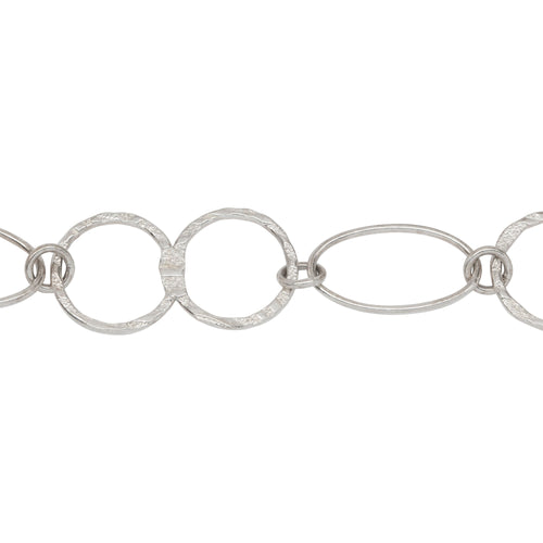 Chain by Foot. Sterling Silver 14.4mm Width by 27.4mm Length Textured Figure 8 Link And 11.7mm Width by 19.7mm Length Smooth Oval Link Connected By 5.4mm Width / Length Smooth Open Ring, Fancy Chain. Price per: 1 Foot.