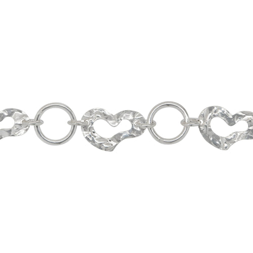 Chain by Foot. Sterling Silver 8.5mm Width by 13.0mm Length Hammered Heart Link And 8.6mm Width / Length Smooth Circle Link Connected By 4.3mm Width / Length Smooth Open Ring, Fancy Chain. Price per: 1 Foot.