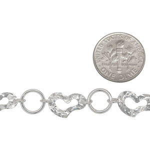 Sterling Silver 8.5mm Width by 13.0mm Length Hammered Heart Link And 8.6mm Width / Length Smooth Circle Link Connected By 4.3mm Width / Length Smooth Open Ring, Fancy Chain. Price per: 1 Foot.