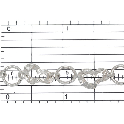 Sterling Silver 8.5mm Width by 13.0mm Length Hammered Heart Link And 8.6mm Width / Length Smooth Circle Link Connected By 4.3mm Width / Length Smooth Open Ring, Fancy Chain. Price per: 1 Foot.
