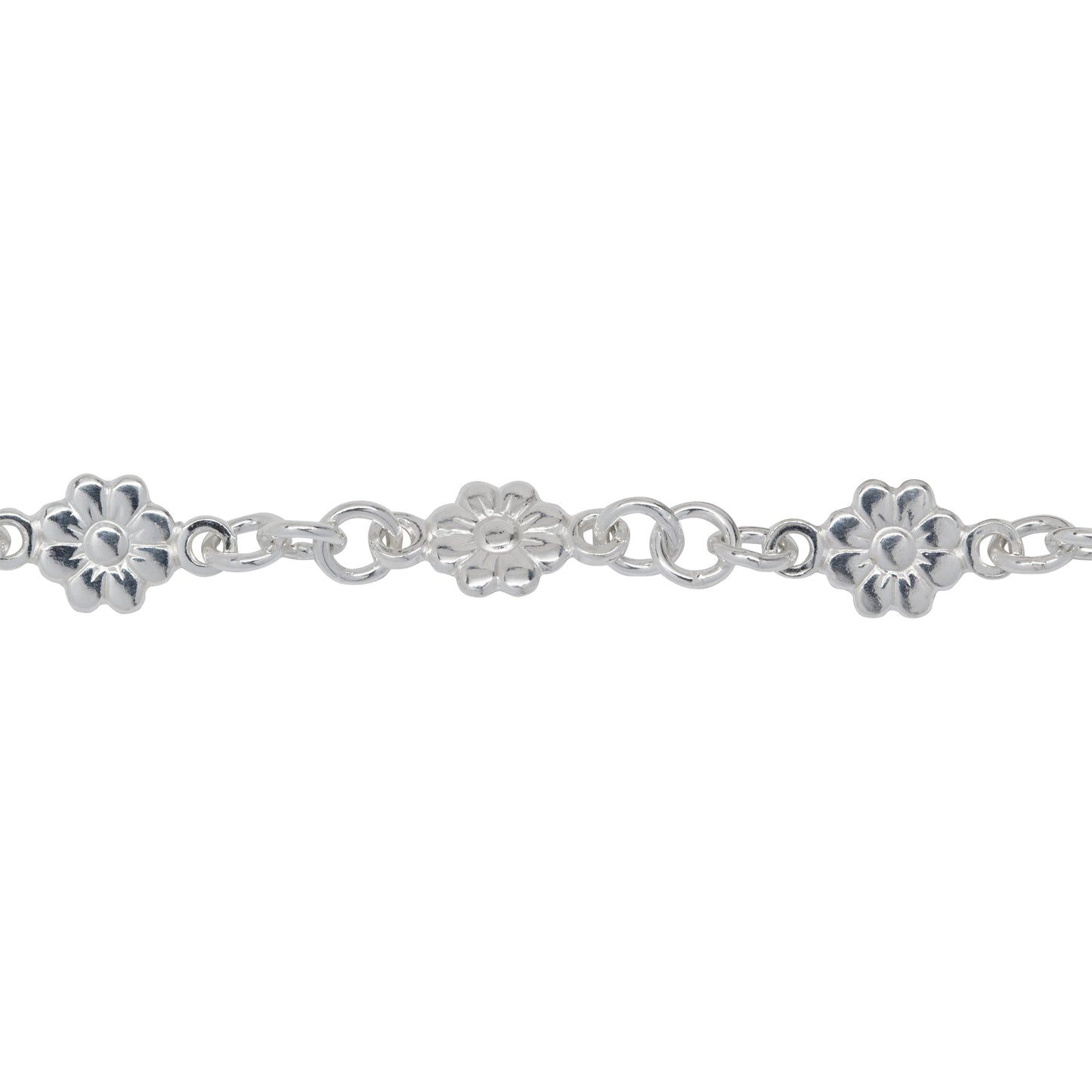Chain by Foot. Sterling Silver 6.8mm Width / Length Flower Link With 2.8mm Width / Length Closed Rings On Each Side Followed By Three of 4.2mm Width / Length Smooth Open Rings, Fancy Chain. Price per: 1 Foot.