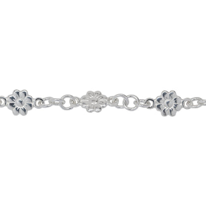 Chain by Foot. Sterling Silver 6.8mm Width / Length Flower Link With 2.8mm Width / Length Closed Rings On Each Side Followed By Three of 4.2mm Width / Length Smooth Open Rings, Fancy Chain. Price per: 1 Foot.