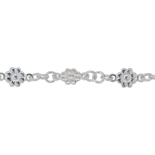 Chain by Foot. Sterling Silver 6.8mm Width / Length Flower Link With 2.8mm Width / Length Closed Rings On Each Side Followed By Three of 4.2mm Width / Length Smooth Open Rings, Fancy Chain. Price per: 1 Foot.