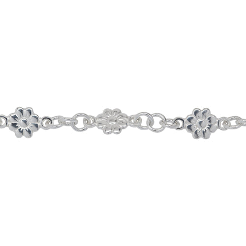 Chain by Foot. Sterling Silver 6.8mm Width / Length Flower Link With 2.8mm Width / Length Closed Rings On Each Side Followed By Three of 4.2mm Width / Length Smooth Open Rings, Fancy Chain. Price per: 1 Foot.