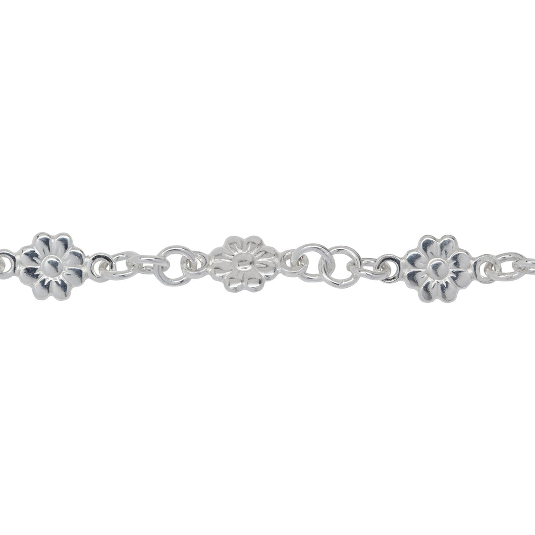 Chain by Foot. Sterling Silver 6.8mm Width / Length Flower Link With 2.8mm Width / Length Closed Rings On Each Side Followed By Three of 4.2mm Width / Length Smooth Open Rings, Fancy Chain. Price per: 1 Foot.