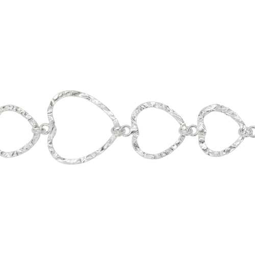 Chain by Foot. Sterling Silver 20.5mm, 16.0mm and 14.5mm Width/ Length Hammered Triple Heart Links With 3.4mm Width / Length Closed Ring On top Of Each Heart Connected to 4.1mm Width / Length Smooth Open Rings, Heart Chain. Price per: 1 Inch.