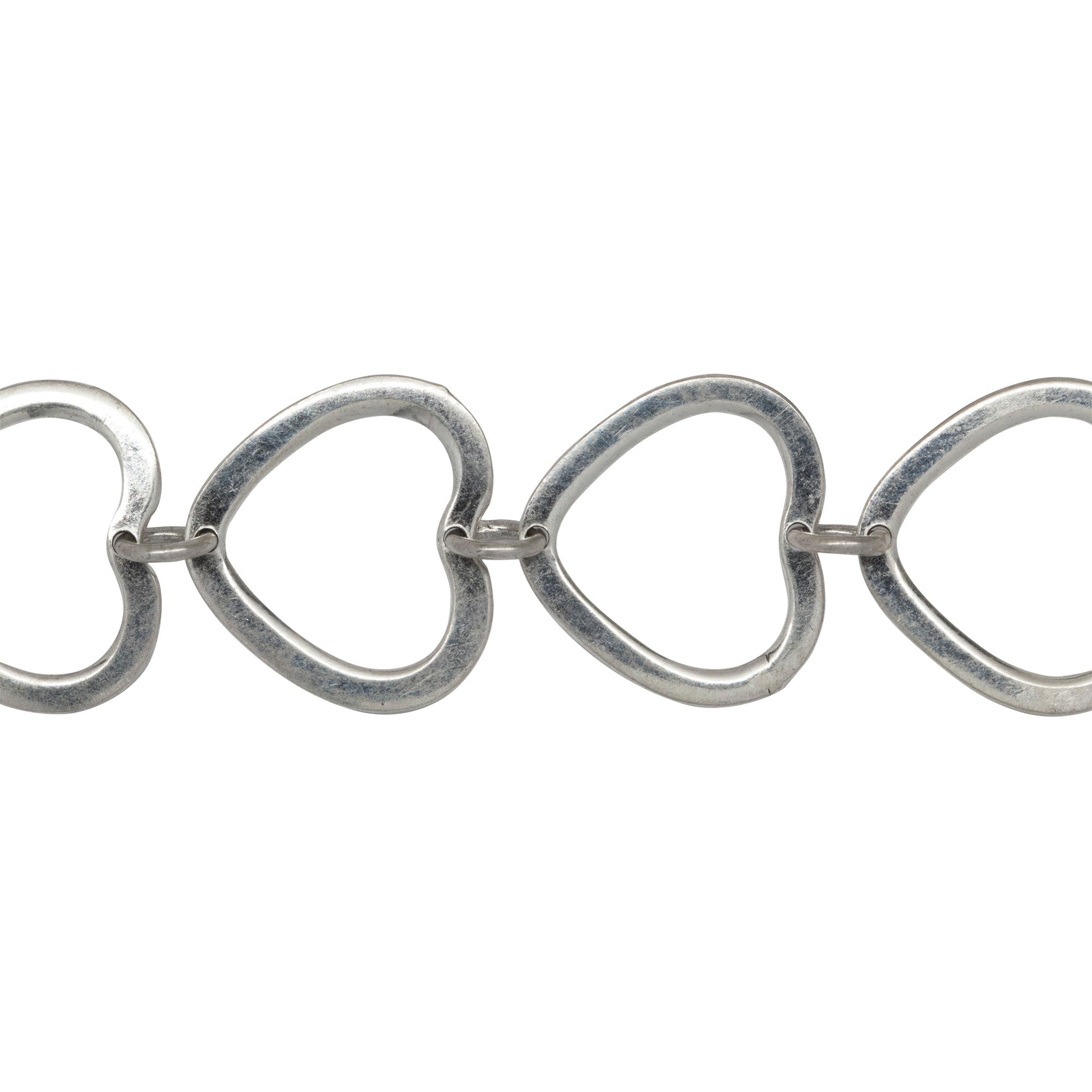 Chain by Foot. Sterling Silver 16.2mm Width by 18.0mm Length Flat Heart Link With Holes Drilled in top And Bottom, Connected With 5.5mm Width / Length Smooth Open Ring, Heart Chain. Price per: 1 Foot.