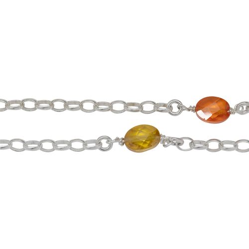 Chain by Foot. Sterling Silver Seventeen of 2.8mm Width by 3.8mm Length Oval Rolo Links Wire Wrapped to 5.2mm Width by 7.0mm Length Orange and Yellow CZ Beads With 3.3mm Width / Length Smooth Open Ring, Gem Stone Chain. Price per: 1 Inch.