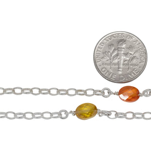 Sterling Silver Seventeen of 2.8mm Width by 3.8mm Length Oval Rolo Links Wire Wrapped to 5.2mm Width by 7.0mm Length Orange and Yellow CZ Beads With 3.3mm Width / Length Smooth Open Ring, Gem Stone Chain. Price per: 1 Inch.