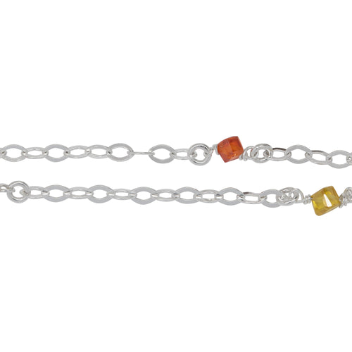 Chain by Foot. Sterling Silver Thirteen of 2.8mm Width by 3.9mm Length Flat Diamond Shaped Links Wire Wrapped to Orange and Yellow CZ Beads With 3.2mm Width / Length Smooth Open Ring, Gem Stone Chain. Price per: 1 Inch.